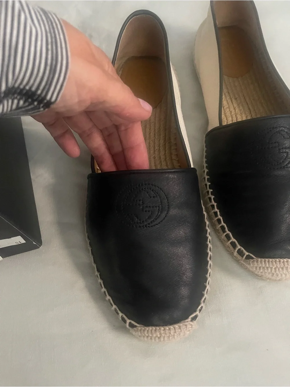 Gucci Black Leather and Cream Espadrille Flats